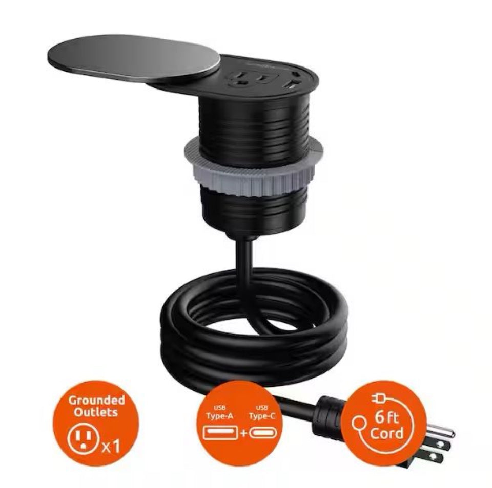 Open Box Link2Home 1-Power-Outlet Space Saver Grommet Socket USB A/C Port 3.1 Amp Splash Resistant in Stainless-Steel, Overload Protection