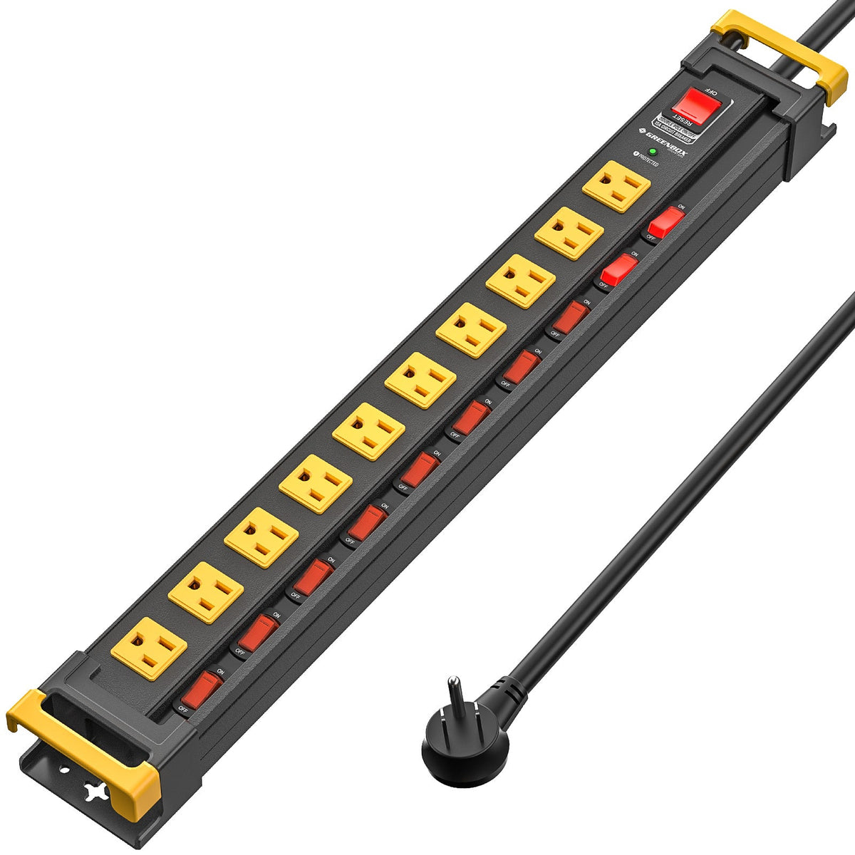 Mountable Metal Power Strip with Individual Switches | 6–12 Outlets Dual-Pole Master Switch, 3300J Surge Protector ETL Listed