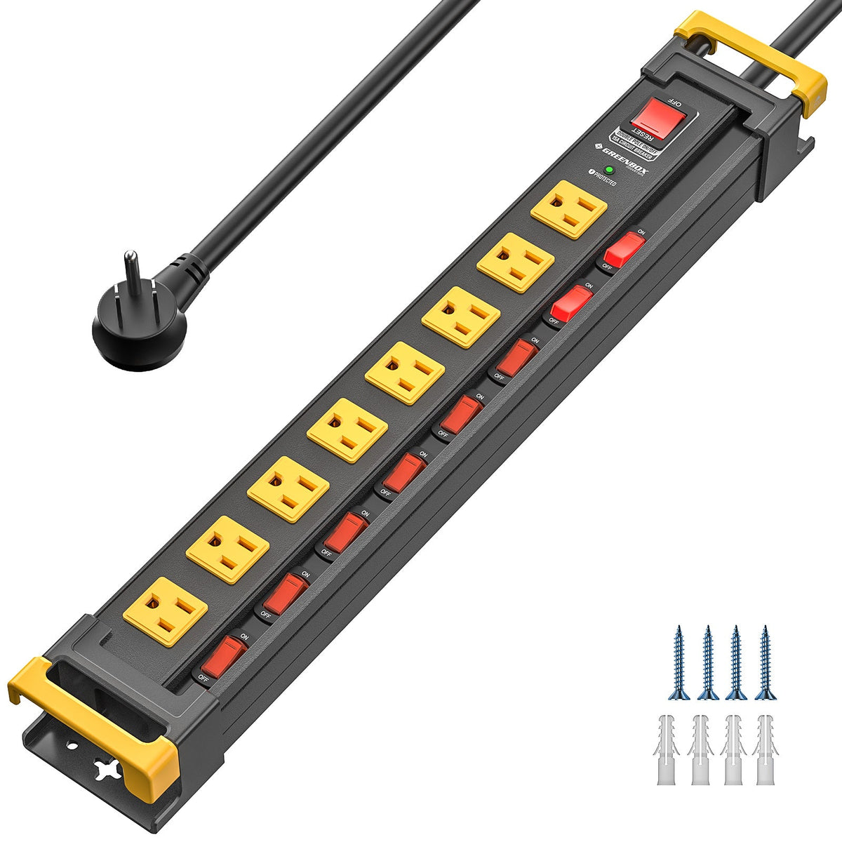 Mountable Metal Power Strip with Individual Switches | 6–12 Outlets Dual-Pole Master Switch, 3300J Surge Protector ETL Listed