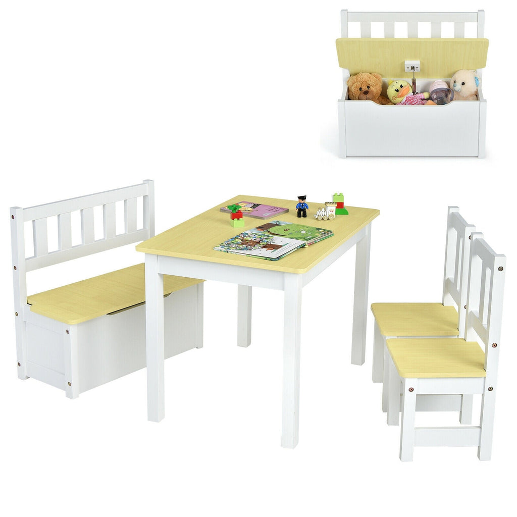 4 Pieces Kids Wooden Activity Table and Chairs Set with Storage Bench and Study Desk