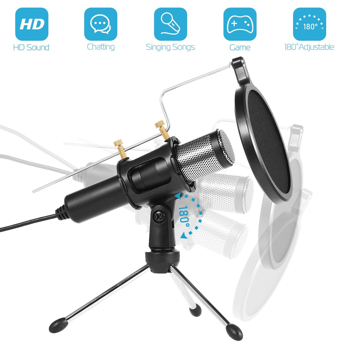 Professional Condenser Microphone Studio Recording Cardioid Microphone w/180¡ Tripods Pop Filter USB Plug for Podcasting Gaming Chatting