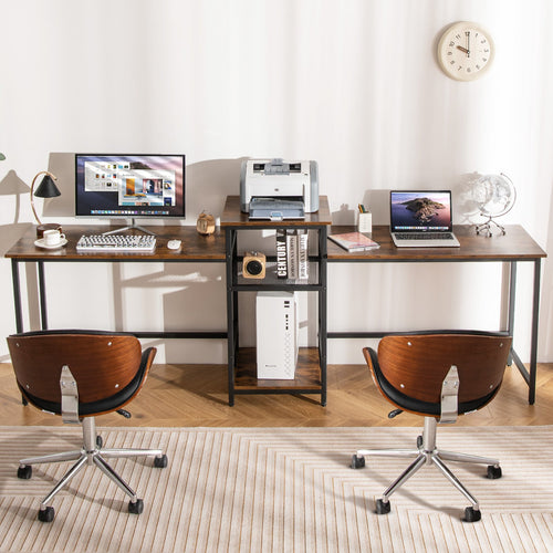 2-Person Computer Desk with Power Outlet and Printer Stand-Rustic Brown