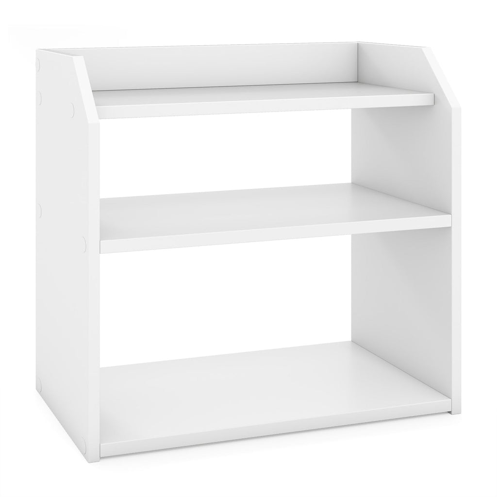3-Tier Desktop Bookshelf Wooden Countertop Bookcase with Raised Top Guardrails-White