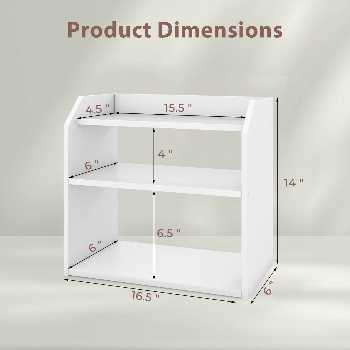 3-Tier Desktop Bookshelf Wooden Countertop Bookcase with Raised Top Guardrails-White