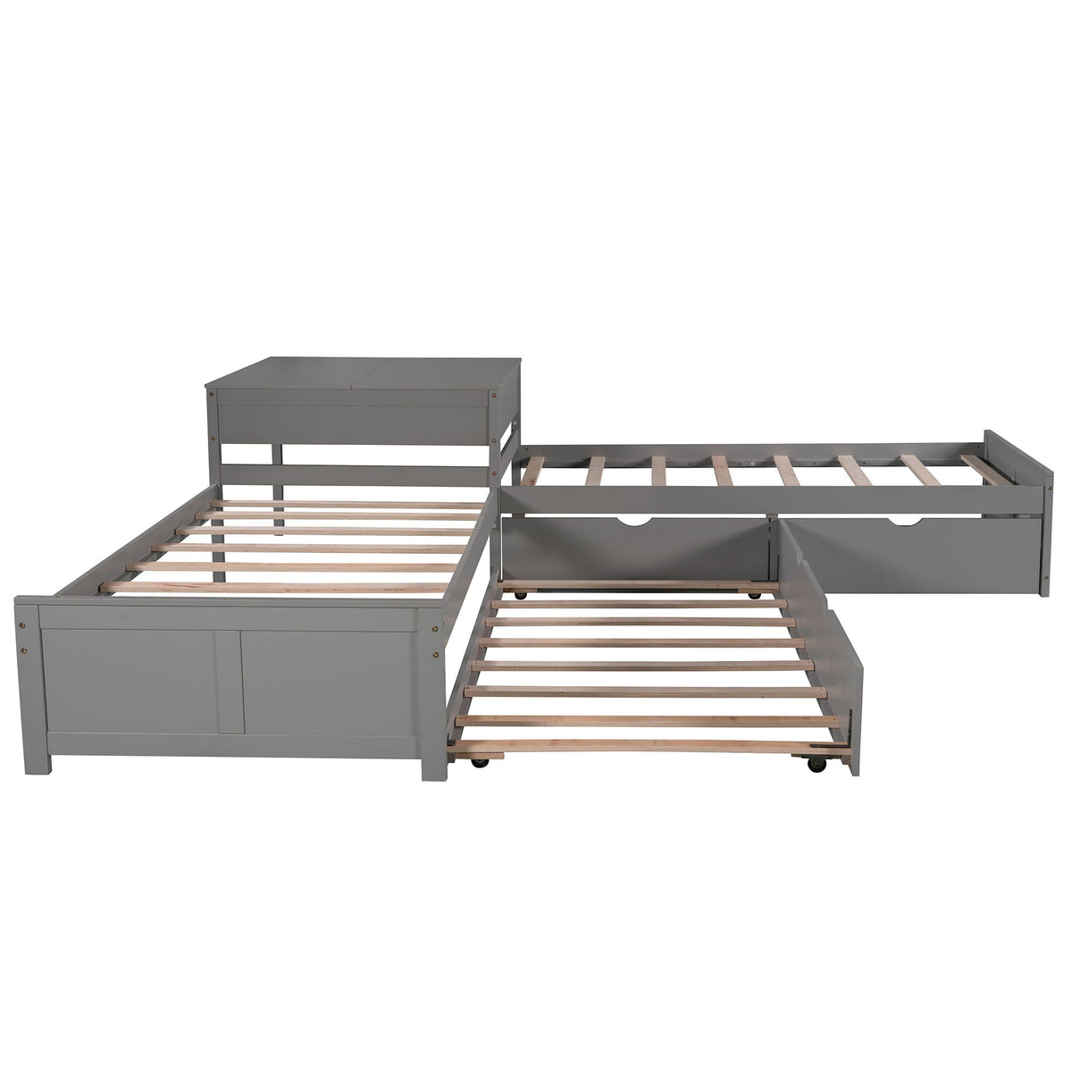 L Shaped Platform Bed With Trundle And Drawers Linked With Built In Desk