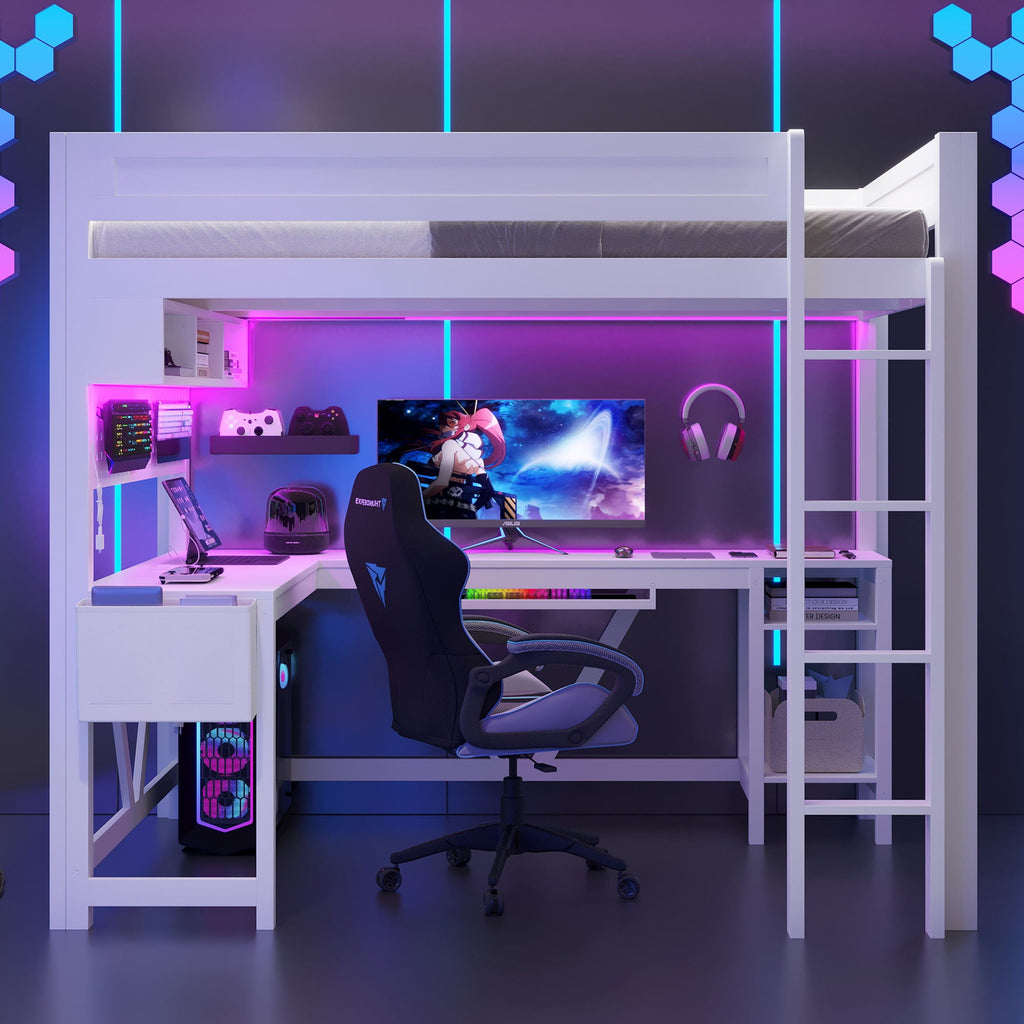 Gaming Loft Bed With Desk, Storage Shelves, LED And Charging Station