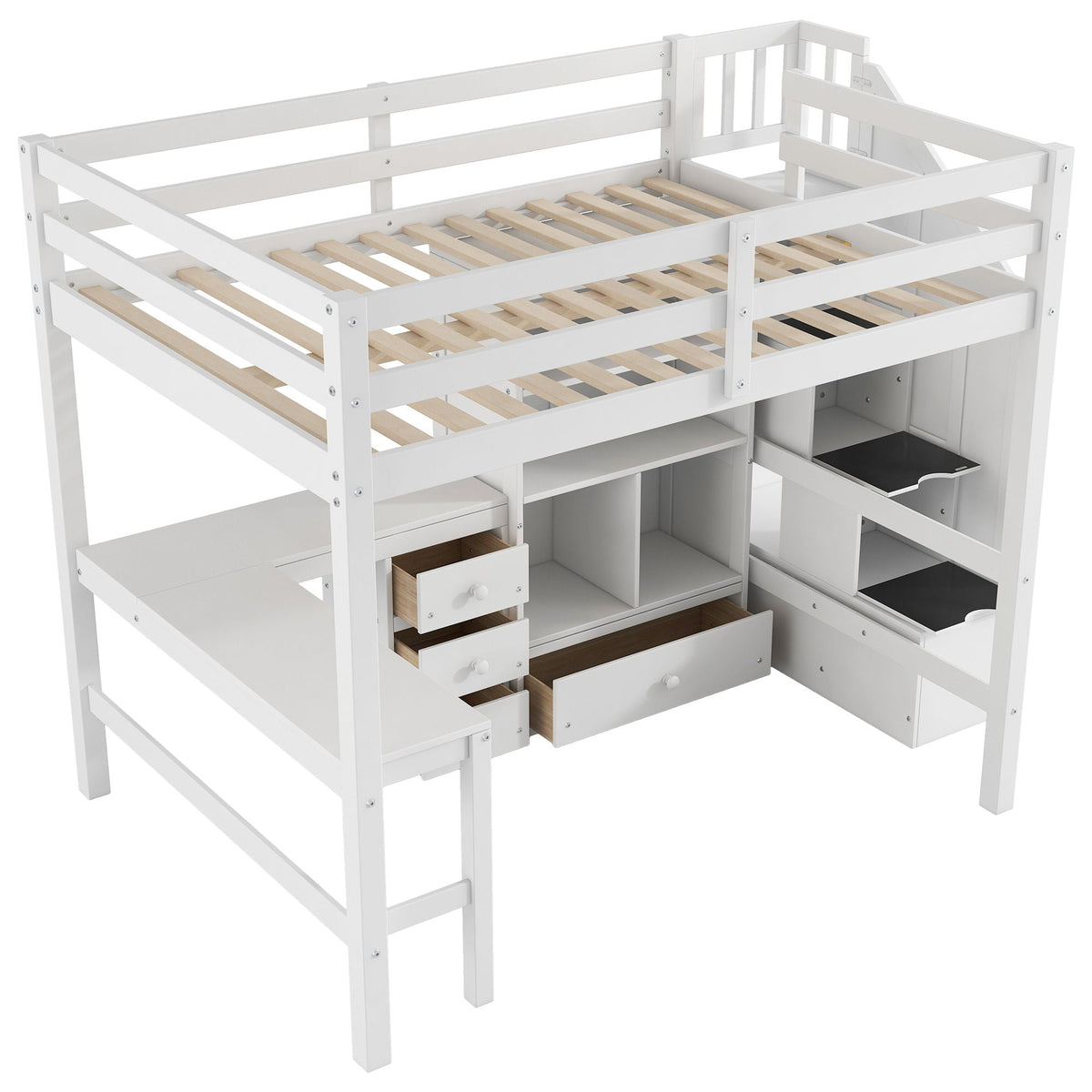 Loft Bed & L Shaped Desk, Drawers, Cabinet, And Storage Staircase