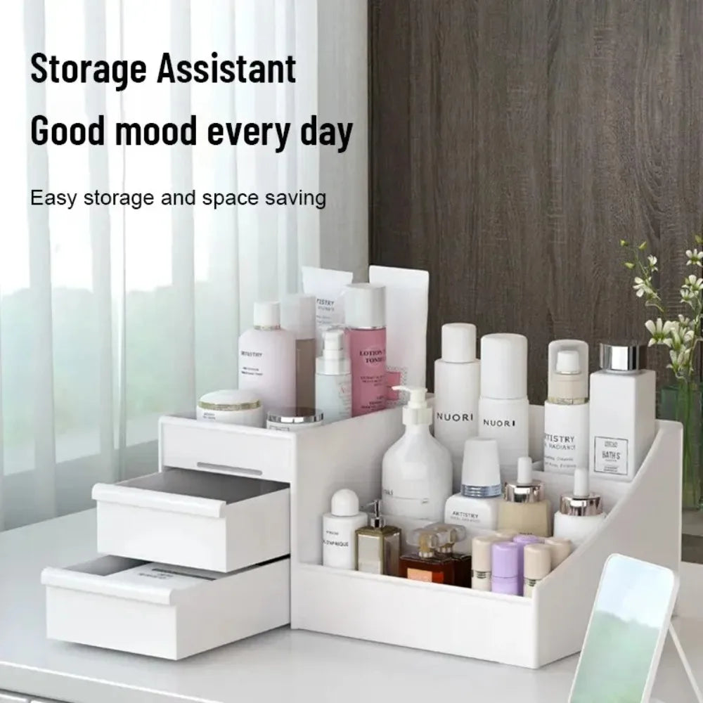White Drawer Makeup Organizer Box, Plastic Cosmetic Storage for Vanity, Desk, Dorm, Skincare & Dressing Table