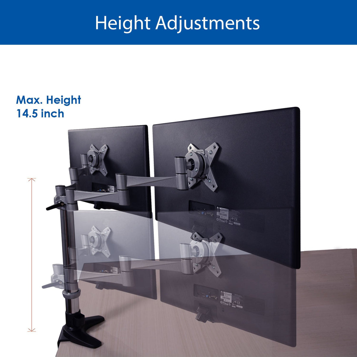 QualGear 3-Way Articulating Dual Monitor Desk Mount, 13-32 In, Silver, QG-DM-02-016