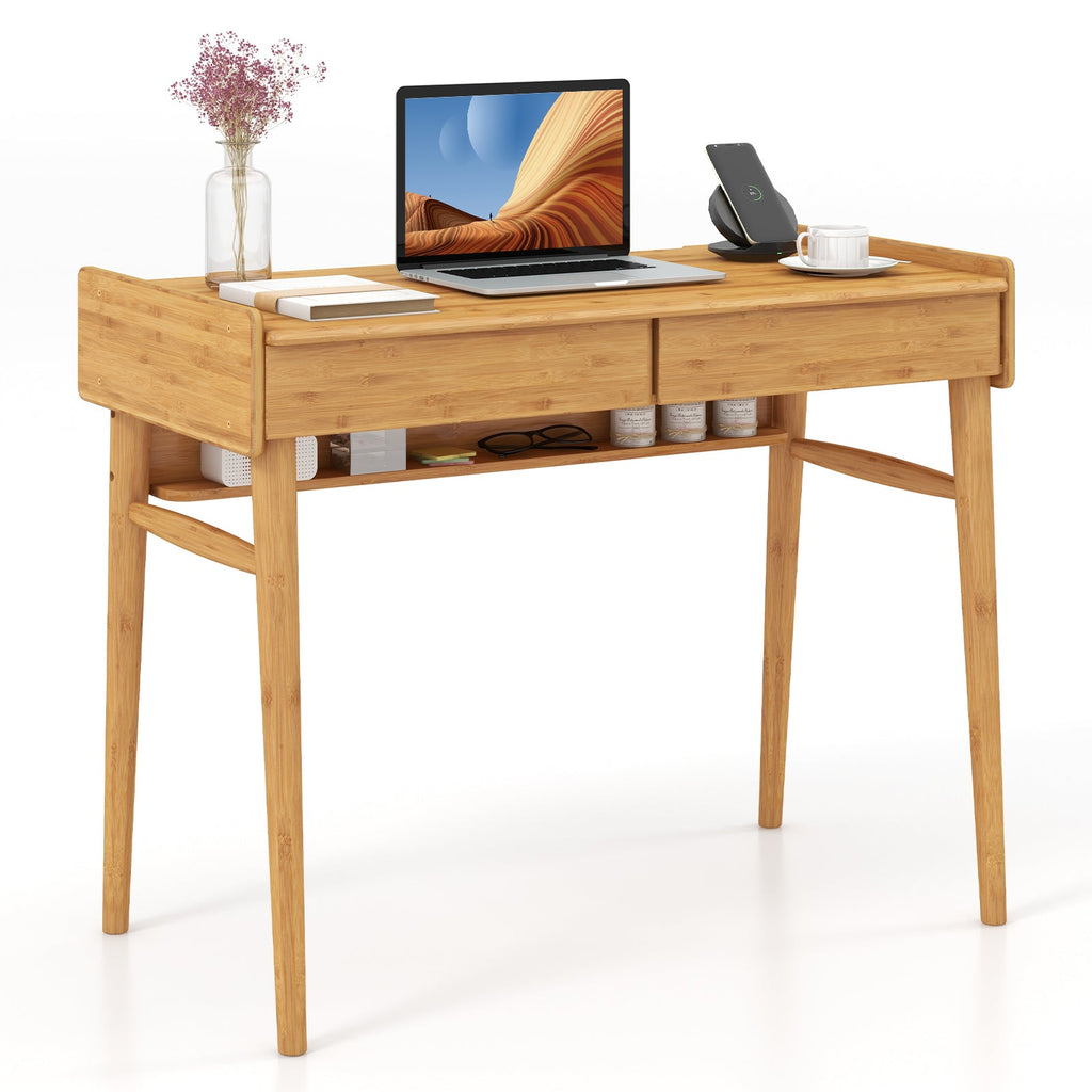 Bamboo Writing Desk with 2 Storage Drawers and Open Shelf