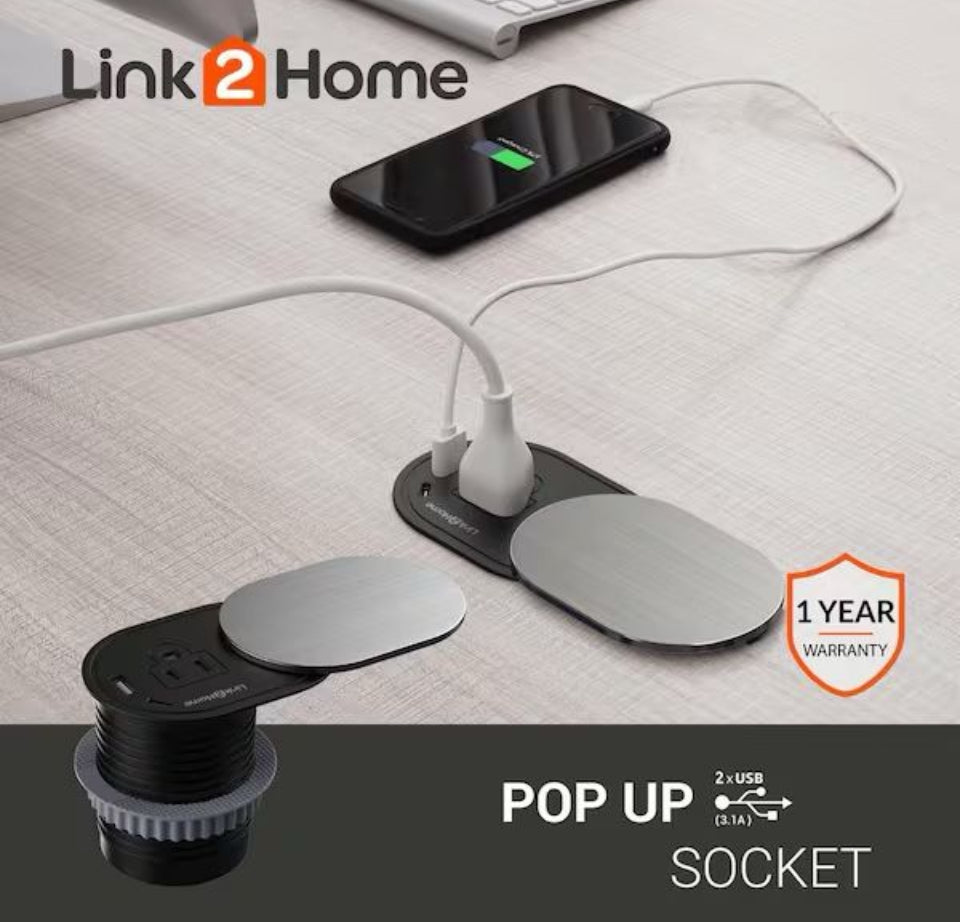 Open Box Link2Home 1-Power-Outlet Space Saver Grommet Socket USB A/C Port 3.1 Amp Splash Resistant in Stainless-Steel, Overload Protection