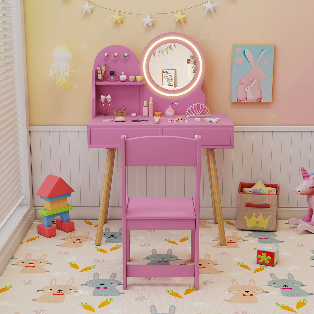 Kids Princess Makeup Dressing Desk and Chair Set with Mirror and Lights