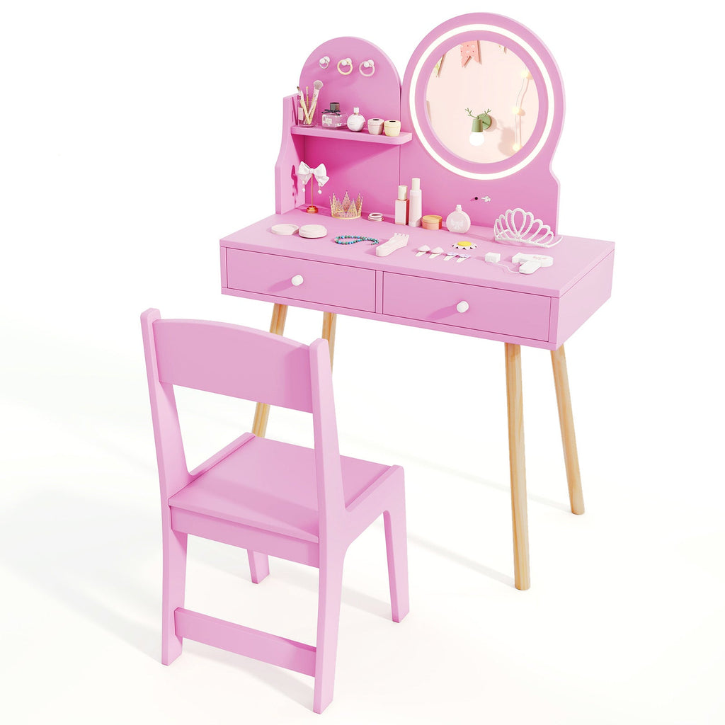 Kids Princess Makeup Dressing Desk and Chair Set with Mirror and Lights