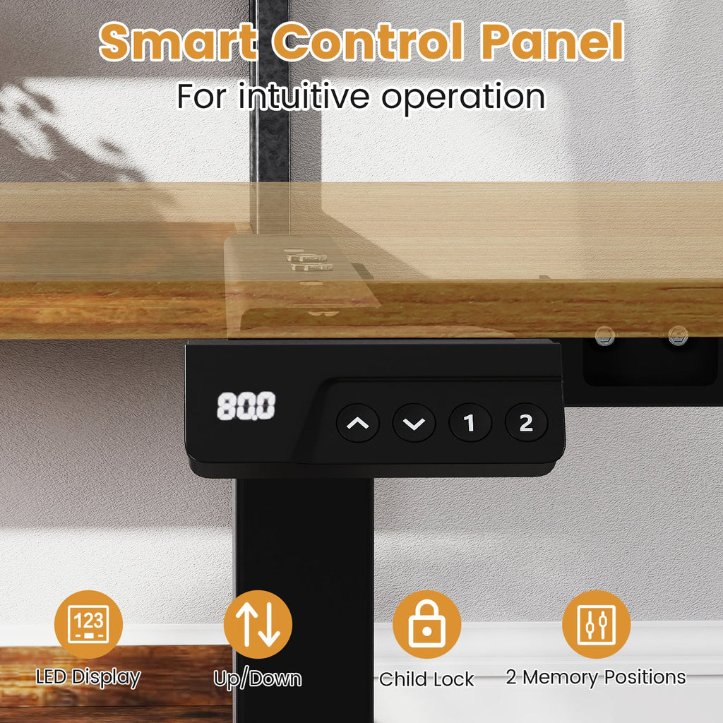 Electric standing desk frame from DirectDeals with height adjustment and LED display, shown with metal construction and control panel