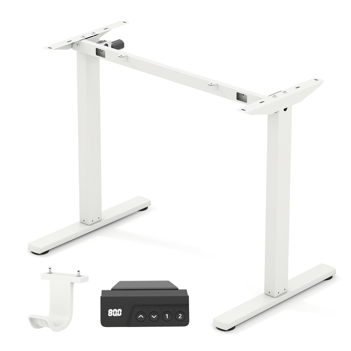 Electric standing desk frame by DirectDeals with height adjustment and LED display, designed for ergonomic computer work.