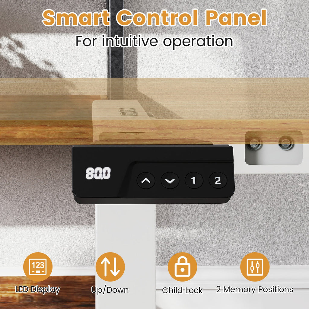 Electric standing desk frame from DirectDeals with height adjustability and LED display, supporting ergonomic computer workspace.