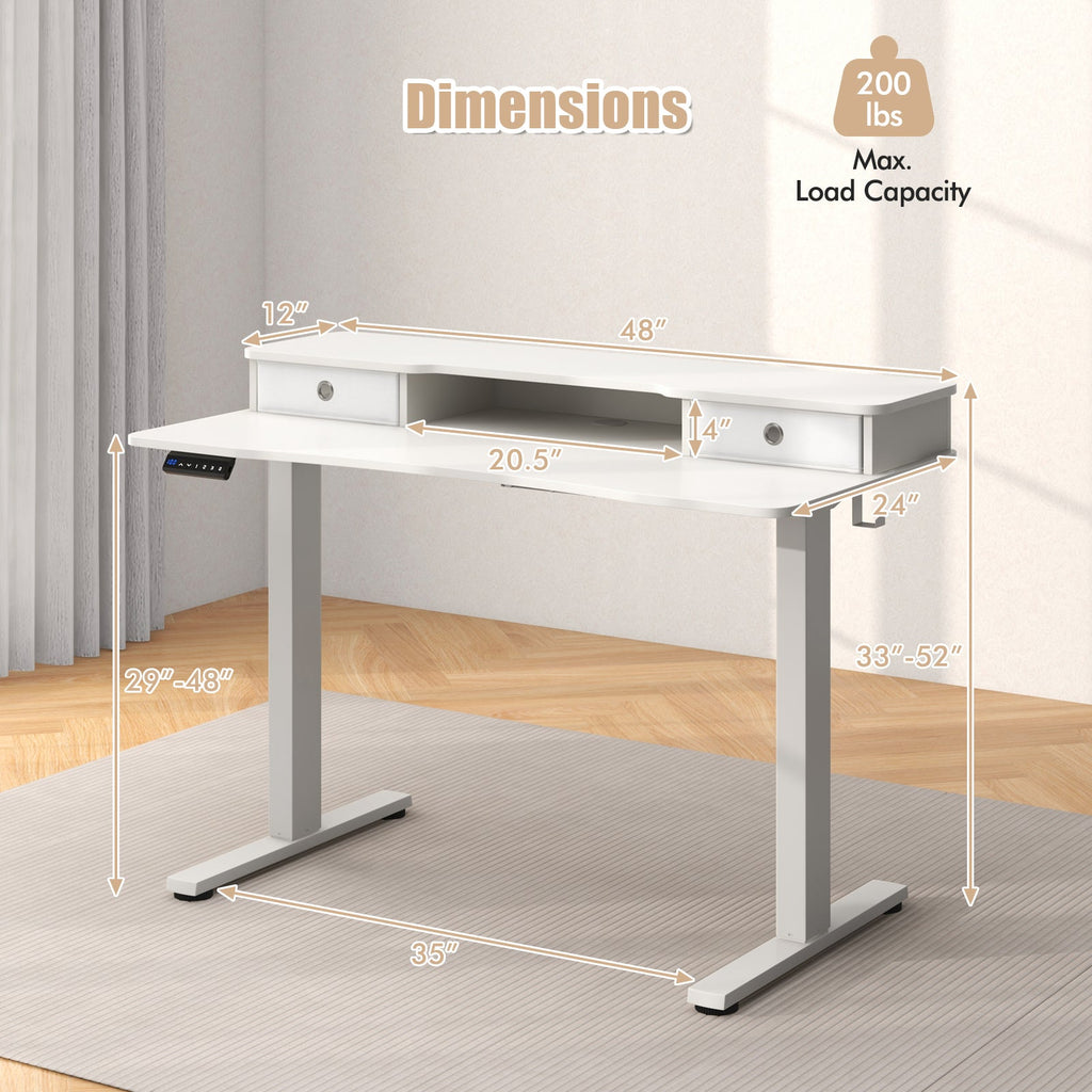 48 Inch x 24 Inch Height Adjustable Electric Standing Desk with 2 Drawers