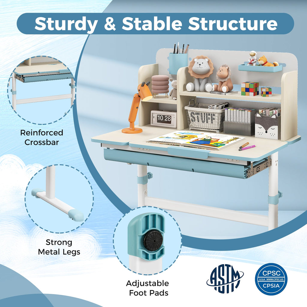 Height Adjustable Kids Study Desk with Tilt Desktop for 3-12 Years Old