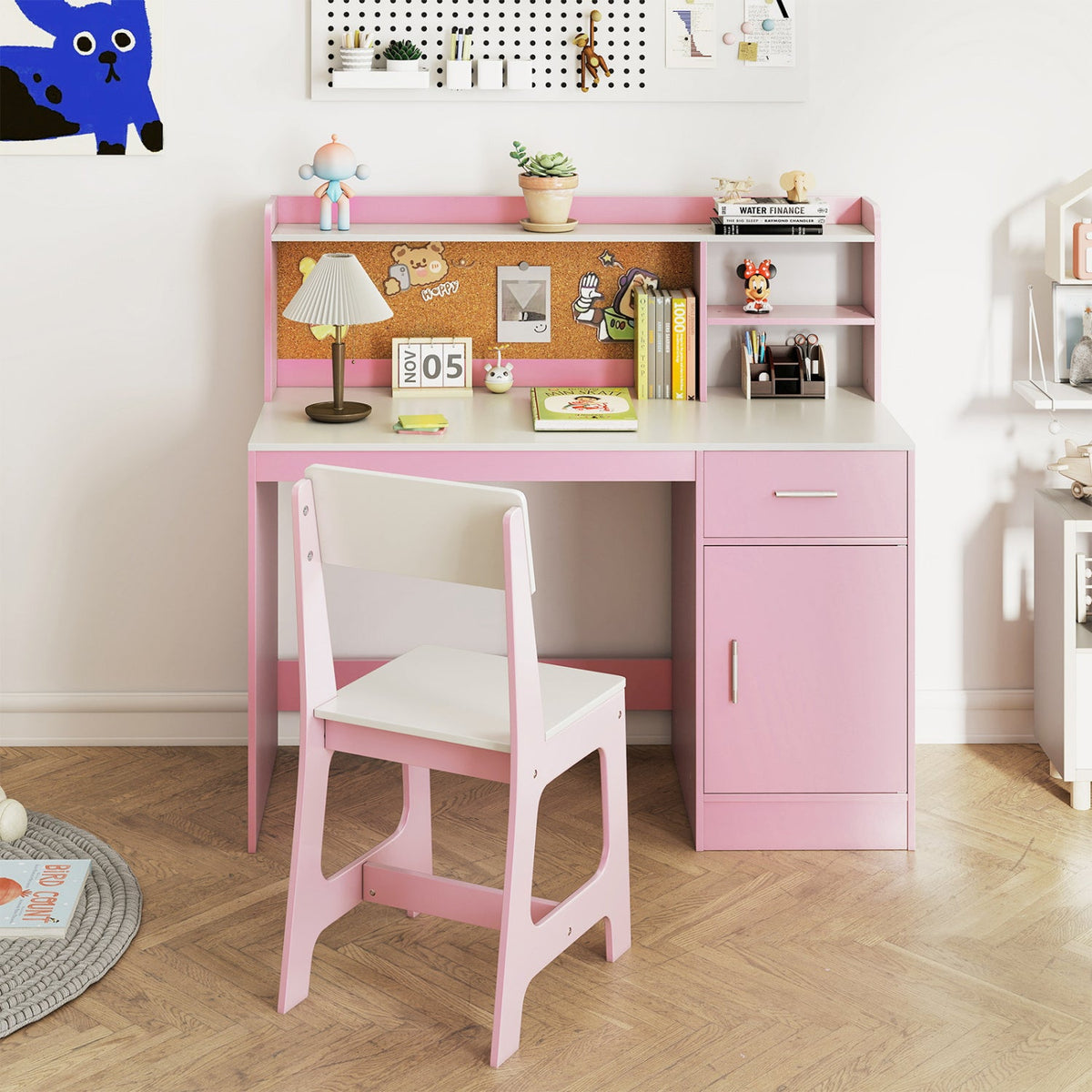 Kids Study Desk and Chair Set with Storage and Bulletin Board