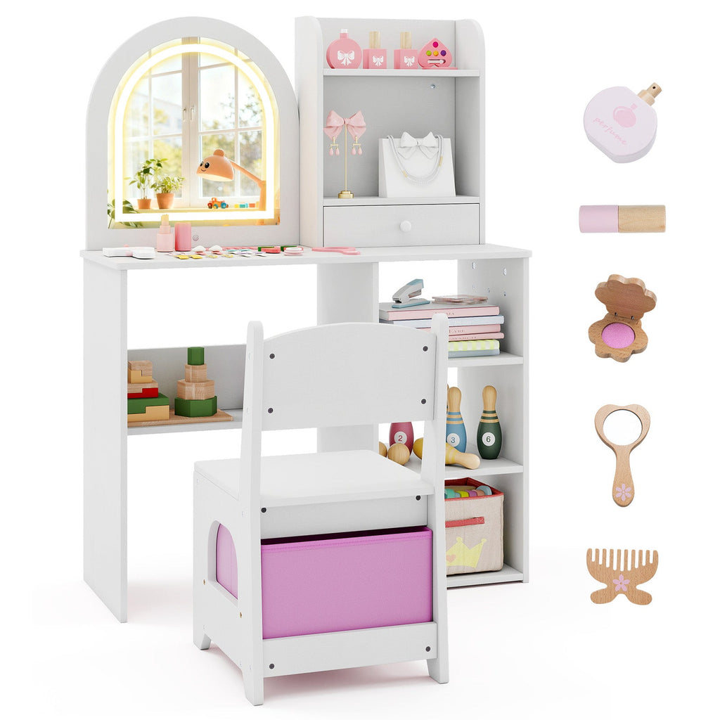 Kids Vanity Set Princess Girls Makeup Vanity Desk with Chair and 3-Color LED Lighted Mirror