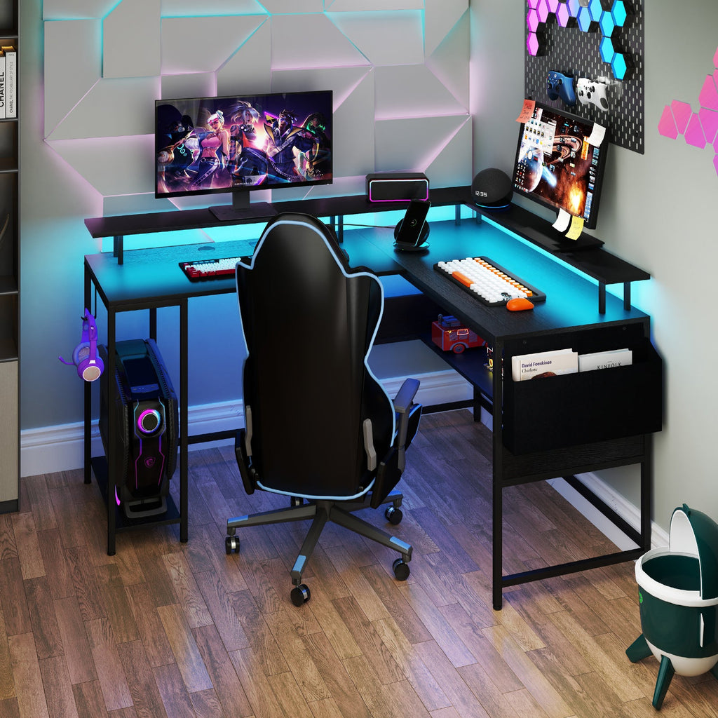 L-Shaped Gaming Desk with LED Lights and Power Outlets Home Office Computer Desk