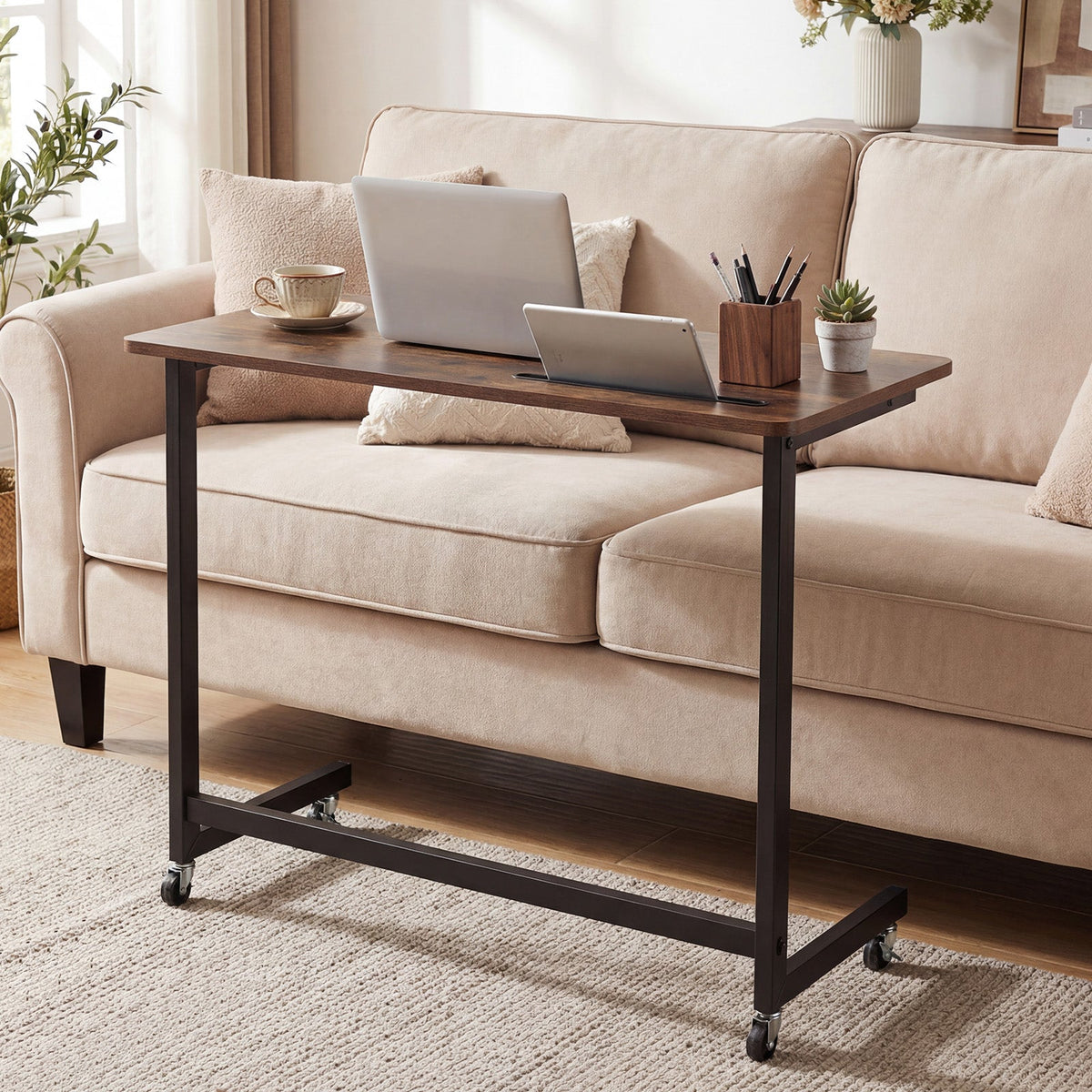Mobile Side Table Rolling Laptop Desk Cart with Tablet Slot-Rustic Brown