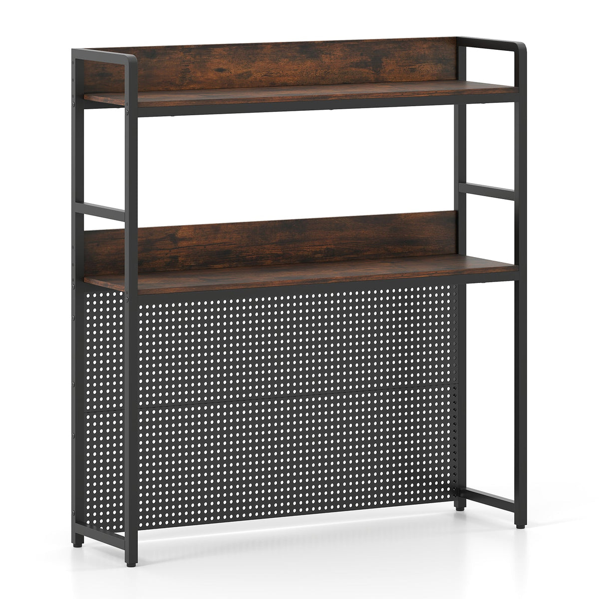 Multipurpose 2-Tier Desktop Bookshelf with Pegboard for up to 32 Inch Computer Monitor-Rustic Brown
