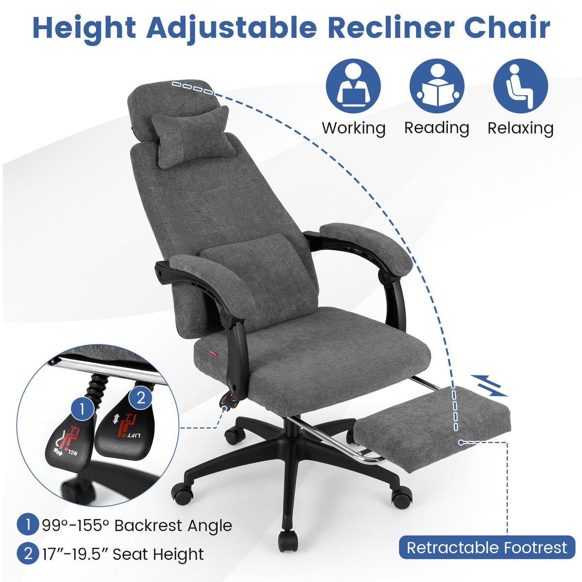 Reclining Office Chair Chenille Fabric Upholstered Computer Desk Chair-Gray