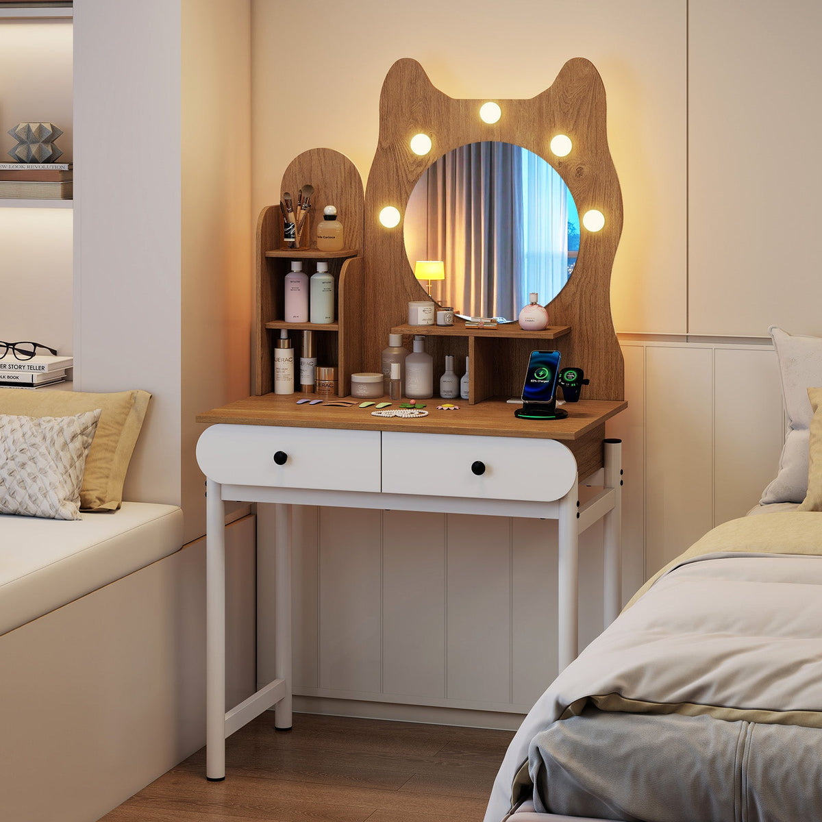 Small Vanity Desk with Mirror and Lights Cute Kitty Makeup Table with Power Outlets-Natural