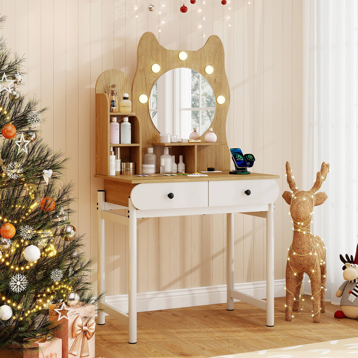 Small Vanity Desk with Mirror and Lights Cute Kitty Makeup Table with Power Outlets-Natural