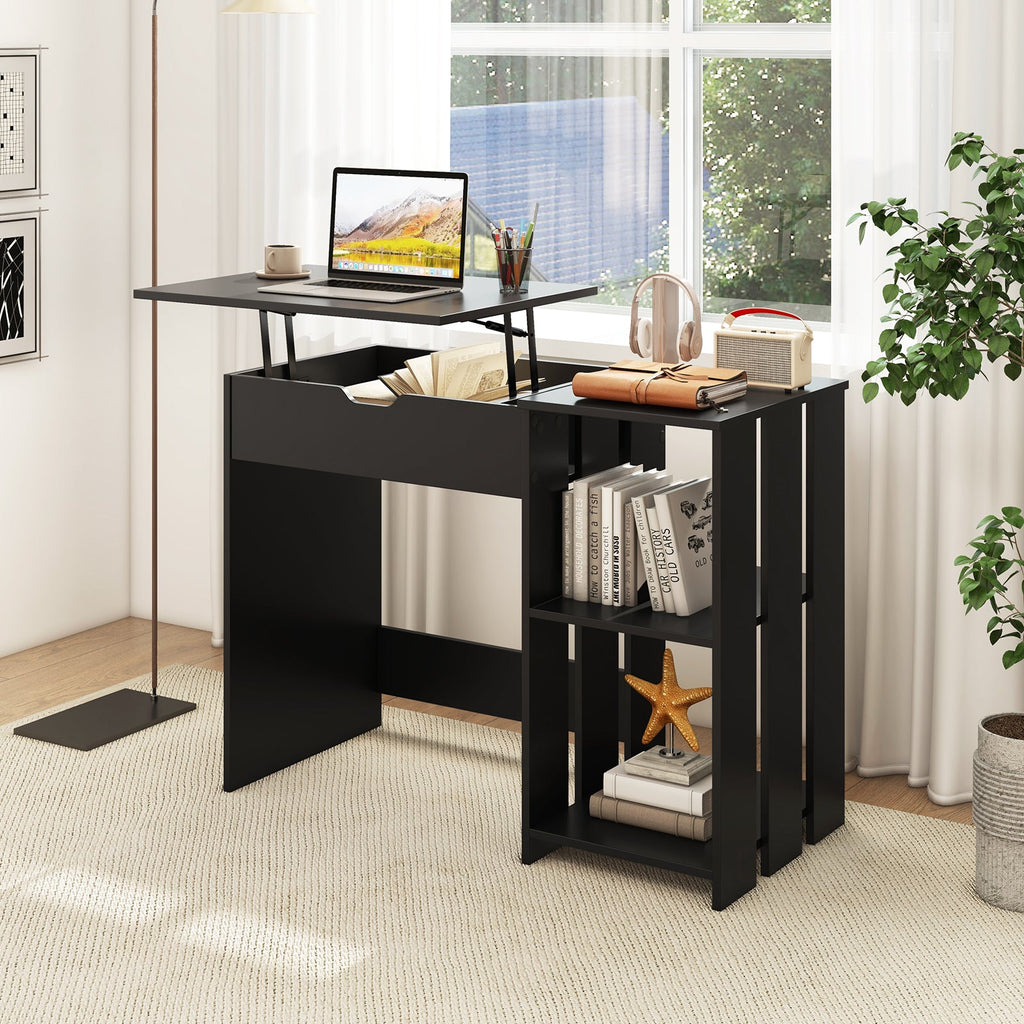 Space Saving Computer Desk with Hidden Compartment and Open Storage Shelves-Black