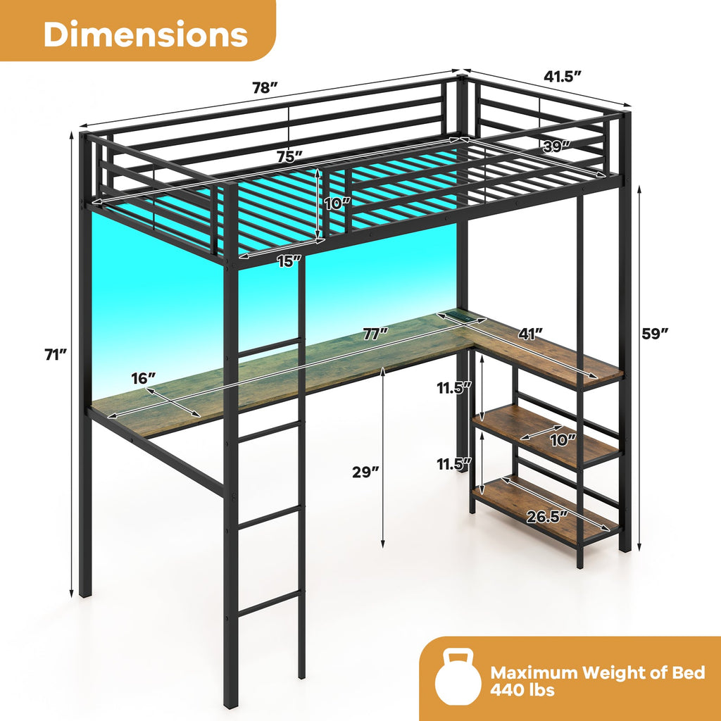 Twin Size Loft Bed Raised Platform Bed with Desk and 2 Storage Shelves-Black