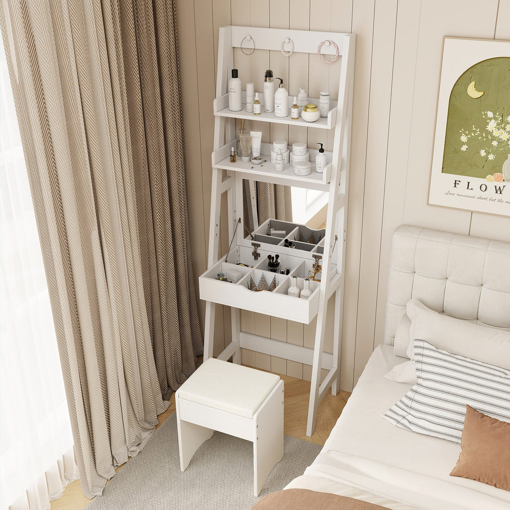 Vanity Desk Set with Flip Top Mirror  Hidden Storage Compartments and Cushioned Stool-White