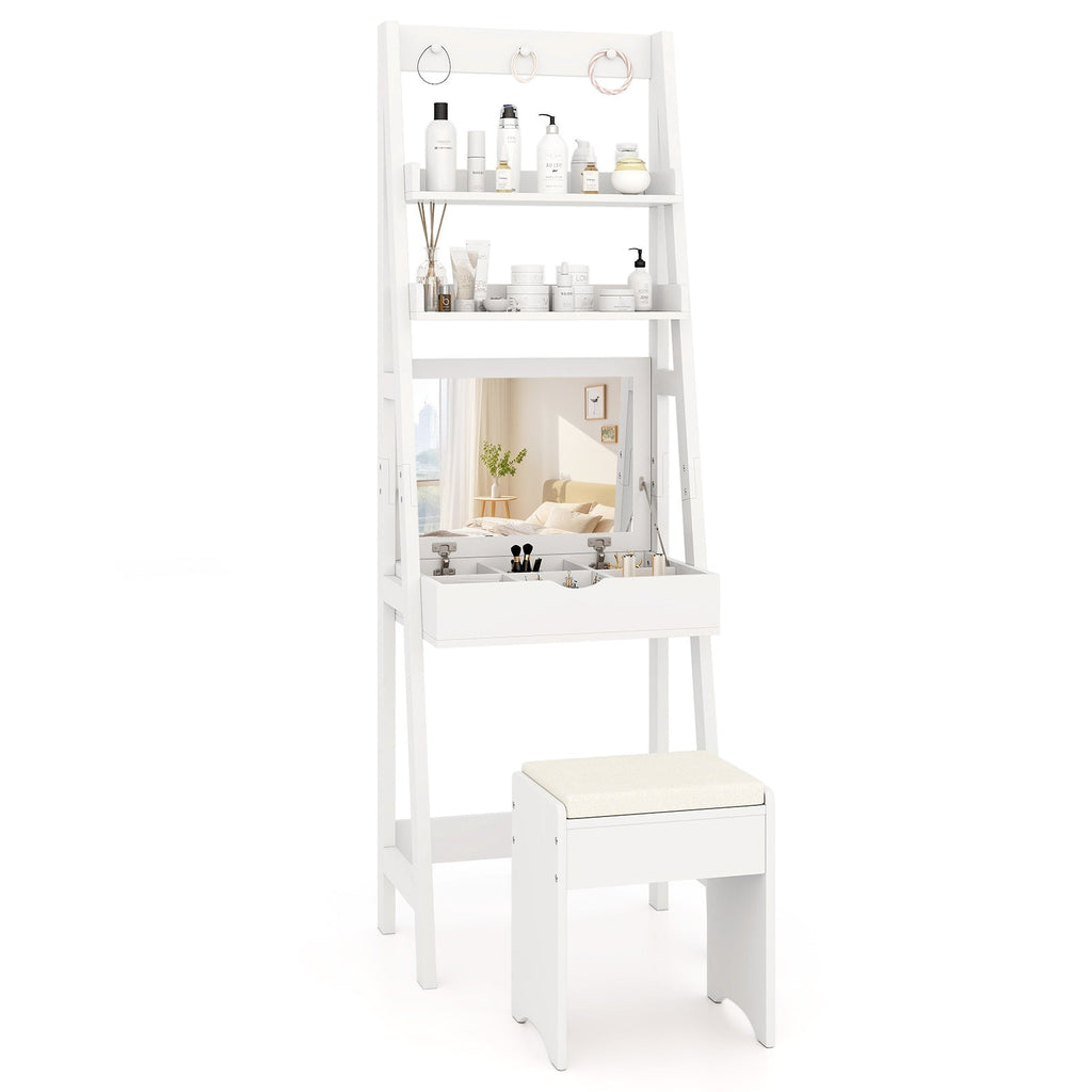 Vanity Desk Set with Flip Top Mirror  Hidden Storage Compartments and Cushioned Stool-White