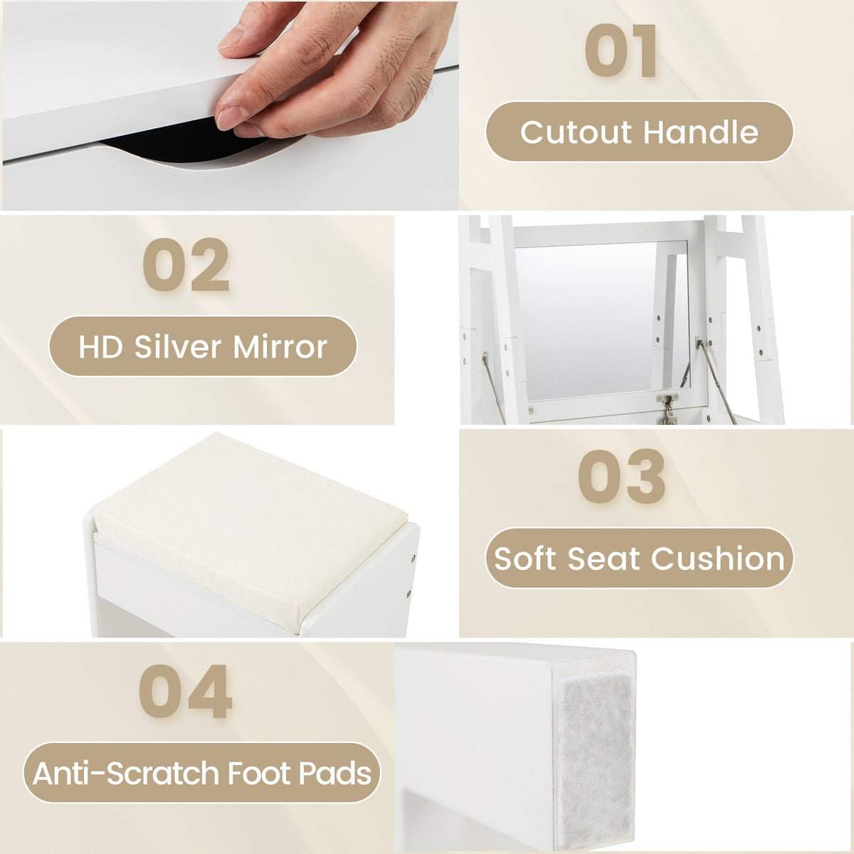 Vanity Desk Set with Flip Top Mirror  Hidden Storage Compartments and Cushioned Stool-White