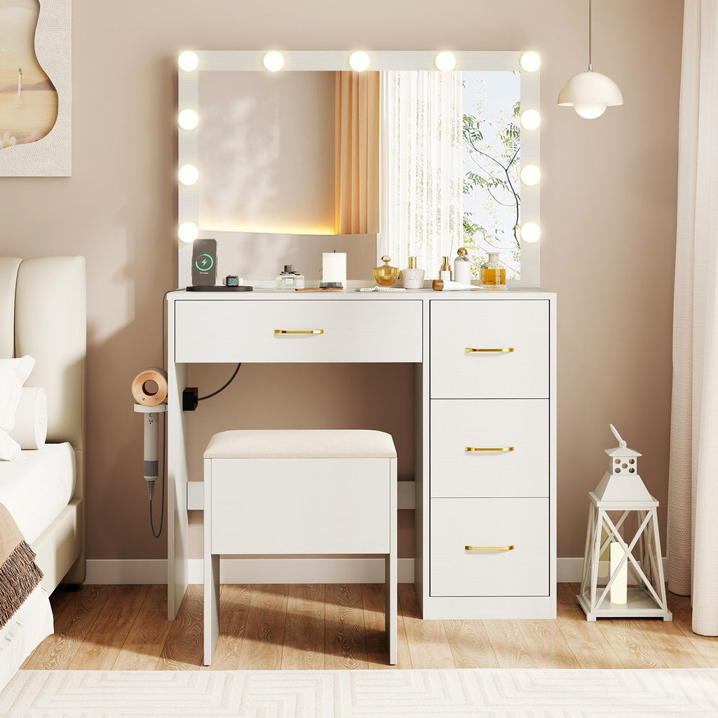 Vanity Desk with Mirror and Lights Makeup Dressing Table with Power Outlets-White