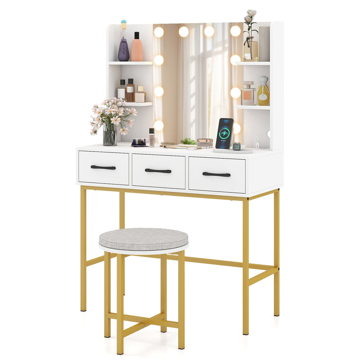 Vanity Desk with Mirror and Lights Makeup Dressing Table and Cushioned Stool Set-White