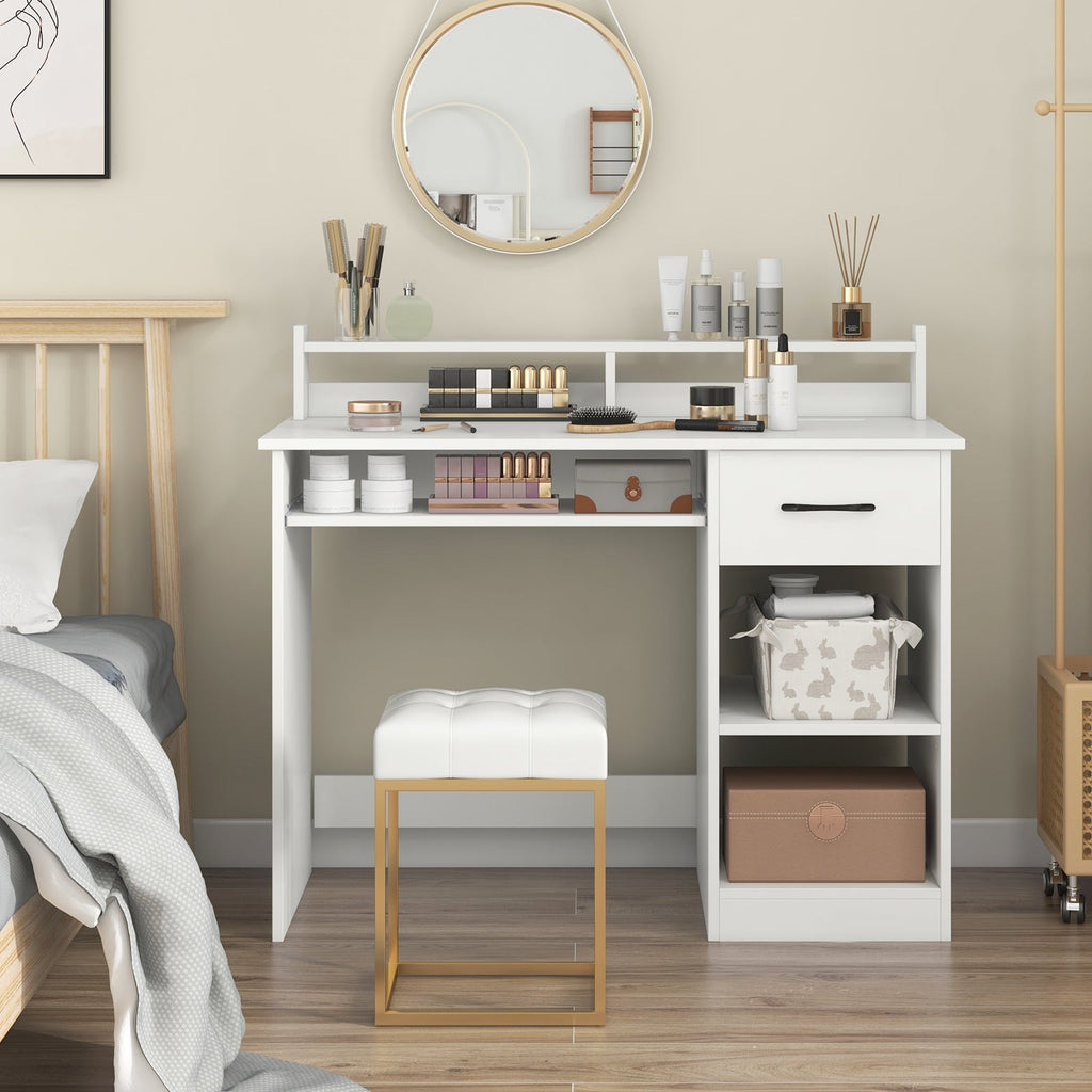 White Desk with Charging Station and Adjustable Shelf for Home Office-White