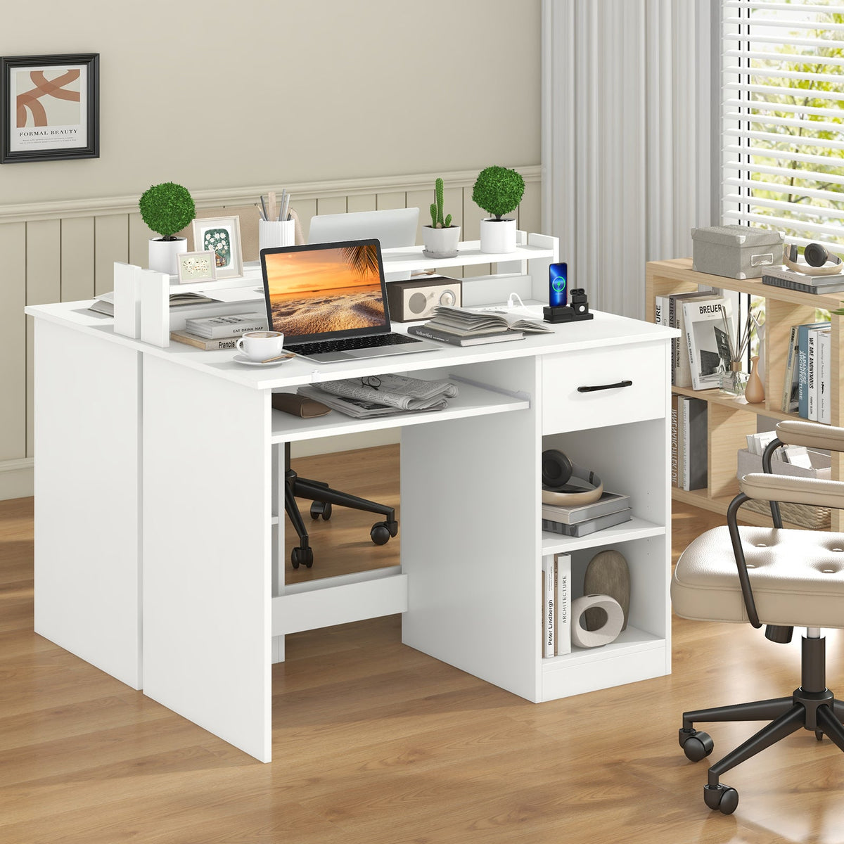 White Desk with Charging Station and Adjustable Shelf for Home Office-White