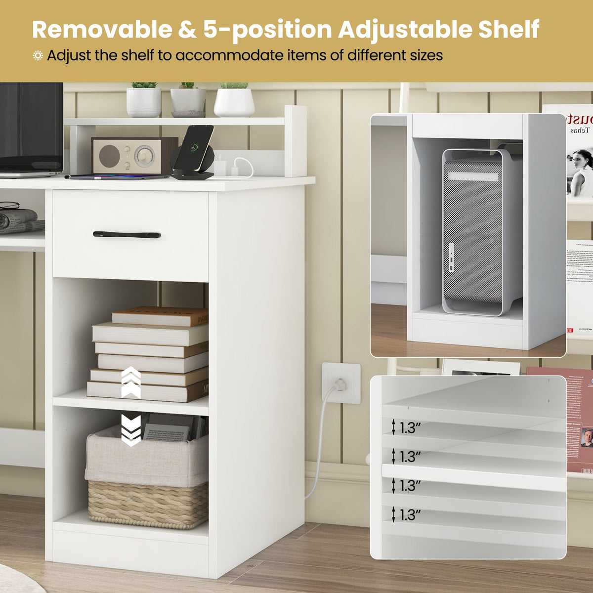 White Desk with Charging Station and Adjustable Shelf for Home Office-White