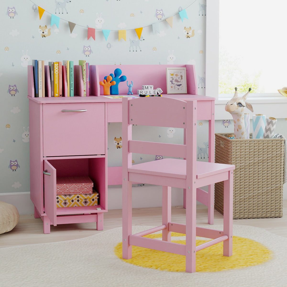 Wooden Kids Study Desk and Chair Set Student Workstation