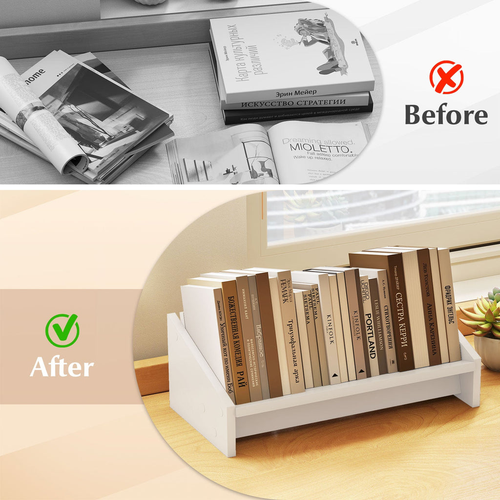 Wooden Tilting Bookcase Small Desktop Bookshelf Organizer for Magazines-White