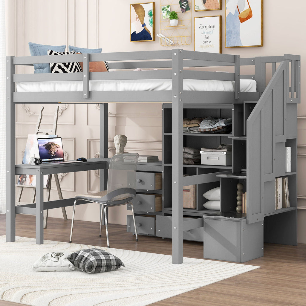 Loft Bed & L Shaped Desk, Drawers, Cabinet, And Storage Staircase