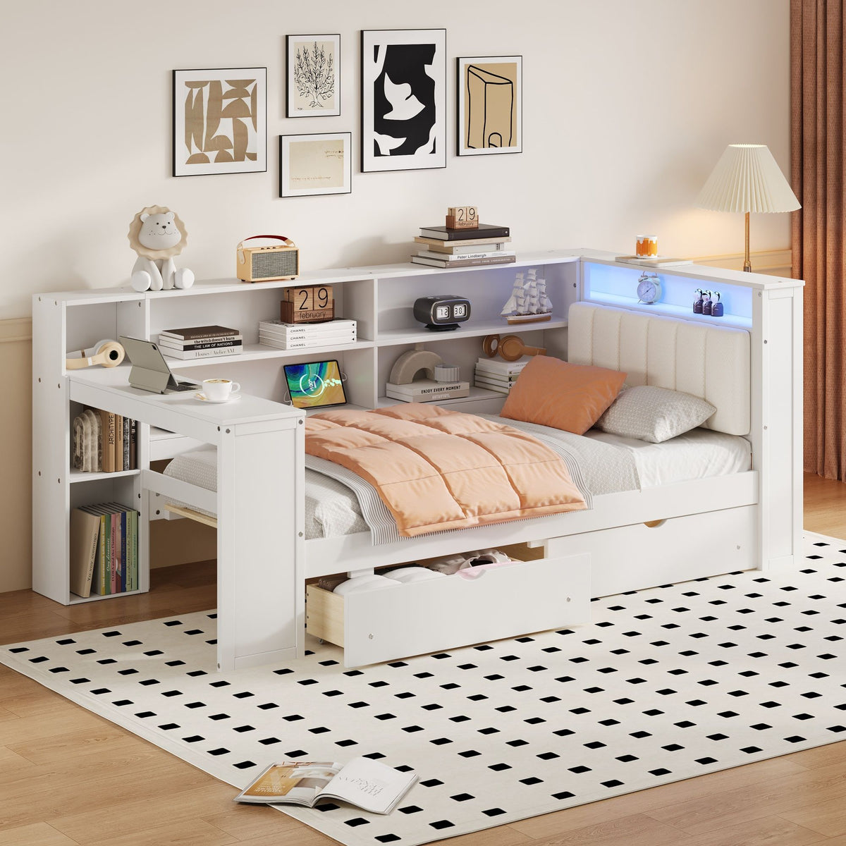 Platform Bed With Upholstered Headboard, Storage Shelves, Drawers, Charging Station, LED Lighting, Built In Desk