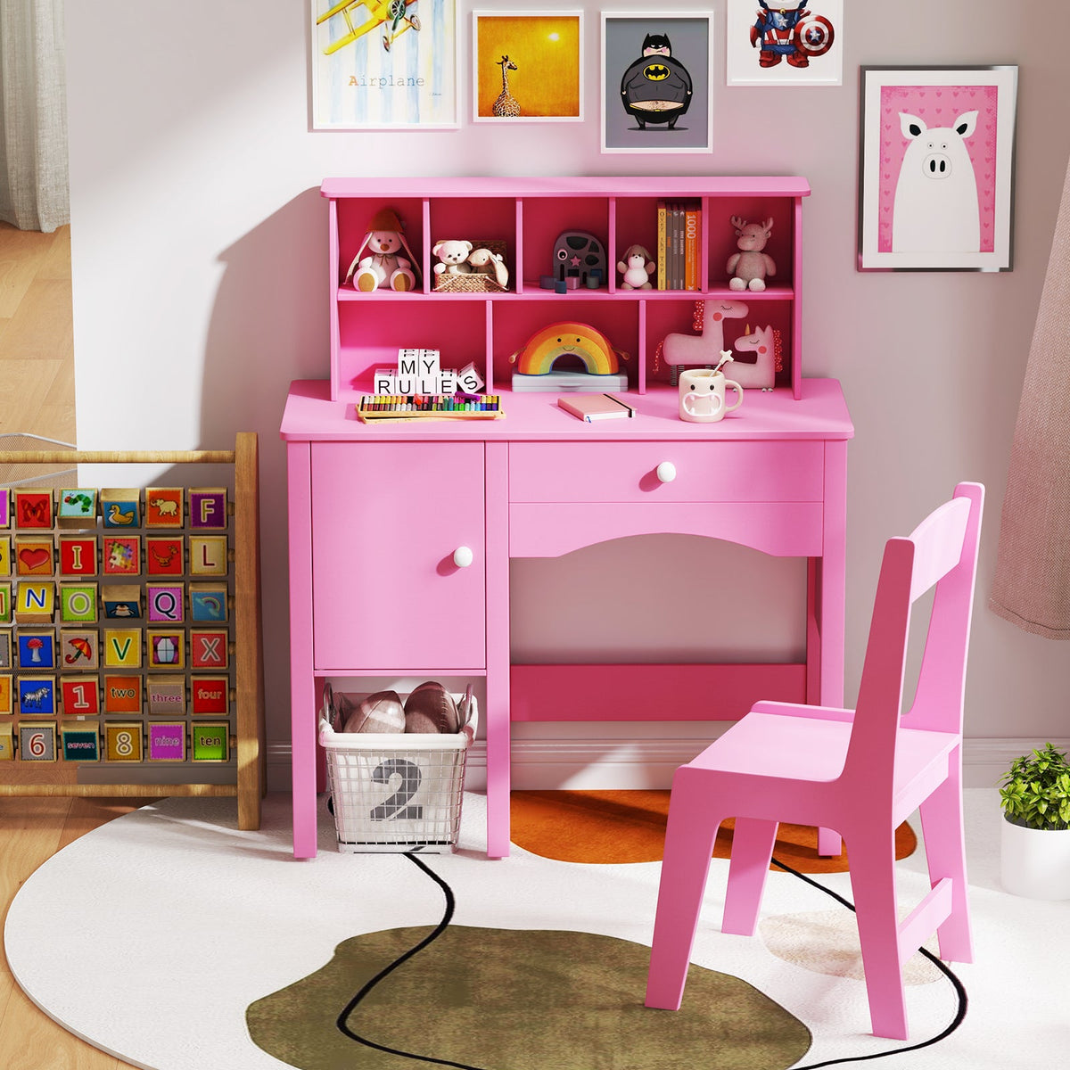 Kids Study Desk and Chair Set with Chair Hutch and Storage Cabinet for 3+ Years Old